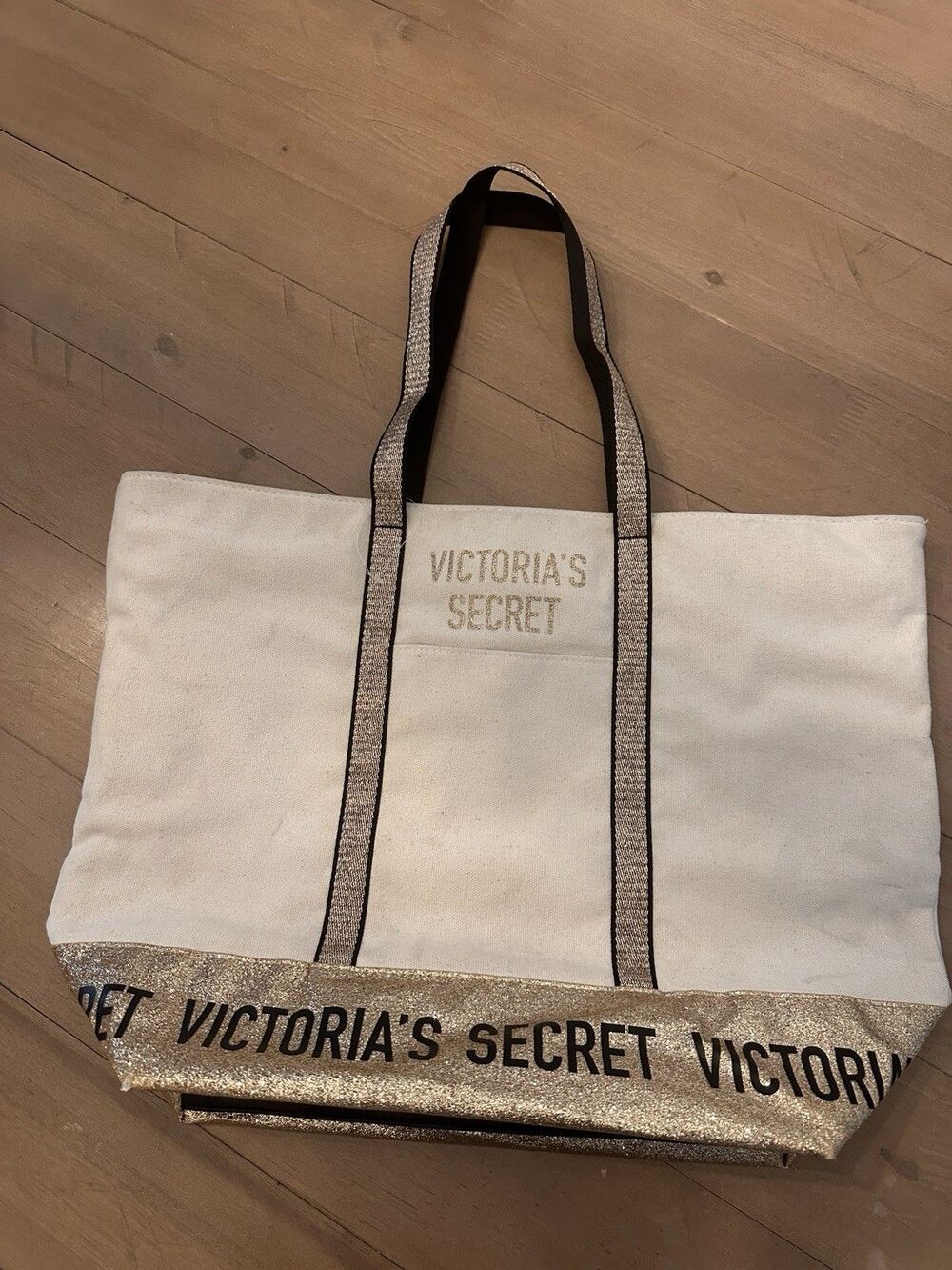 Victoria's Secret Canvas Ivory Gold Glitter Large Beach Utility Tote Bag NWOT